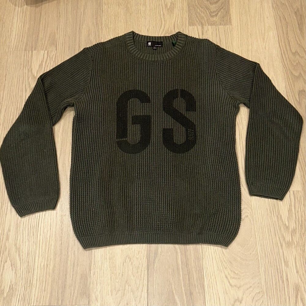 G-Star RAW GS Graphic Structure Knitted Sweater Green Gray Mens Size Large